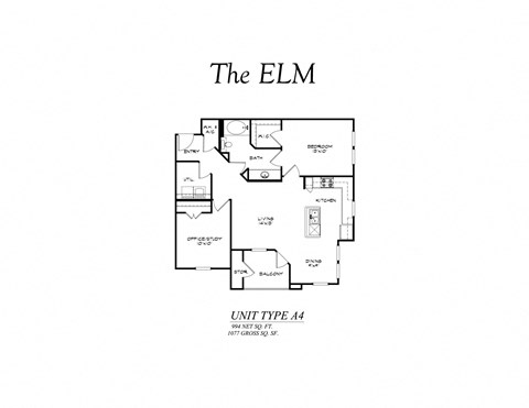 Floor plan for 2 beds, 1 bath, 1077 sqft